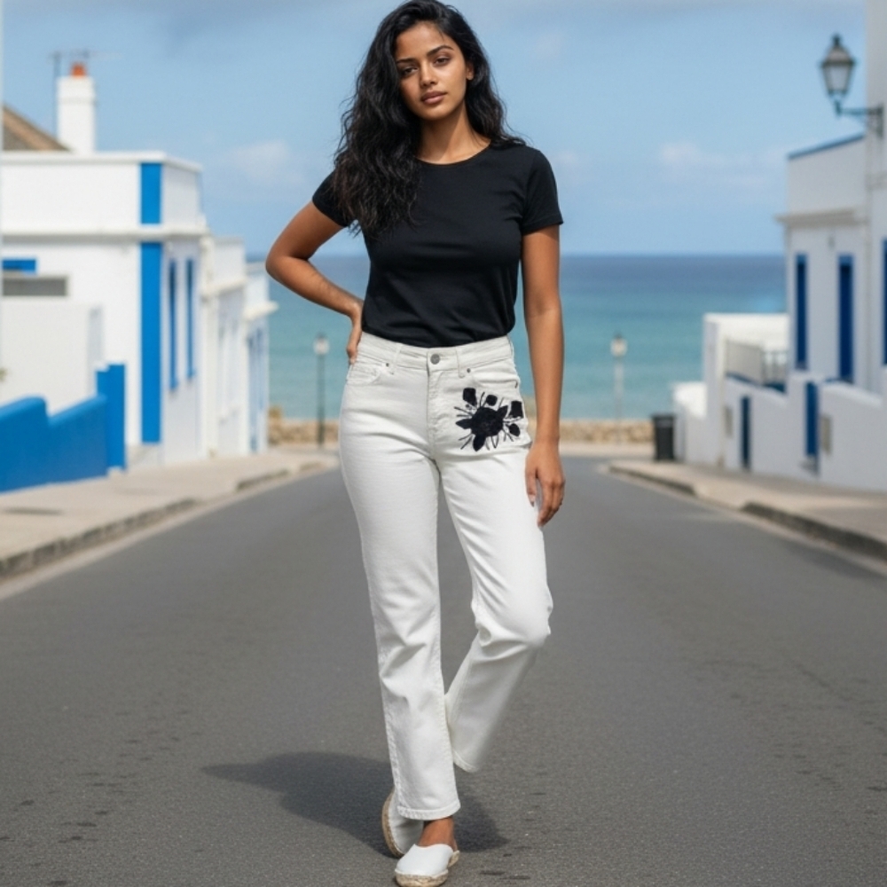 Never Worn/Washed Escada Cream Straight Leg Jeans Black Floral Embelishments